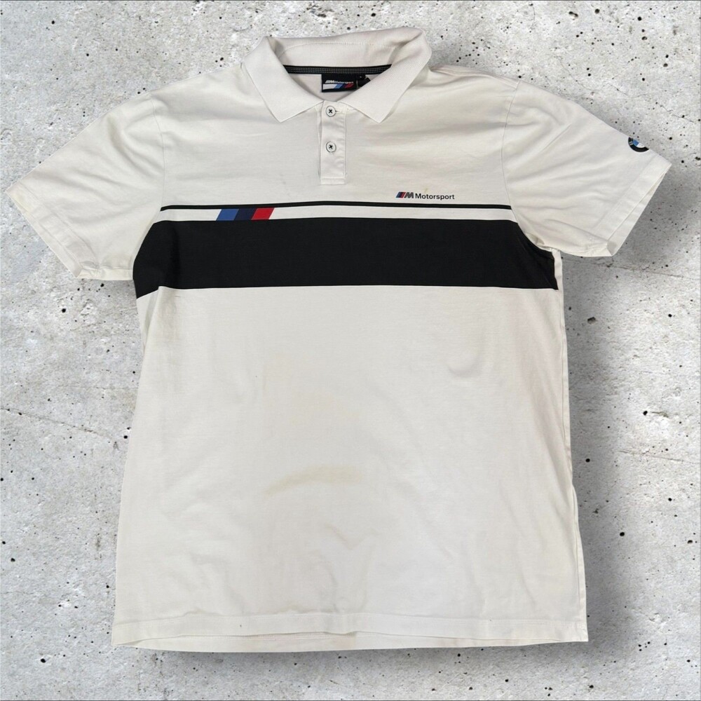 BMW M Motorsport Mens Large Polo Shirt White Black Stripe Short Sleeve Graphic
